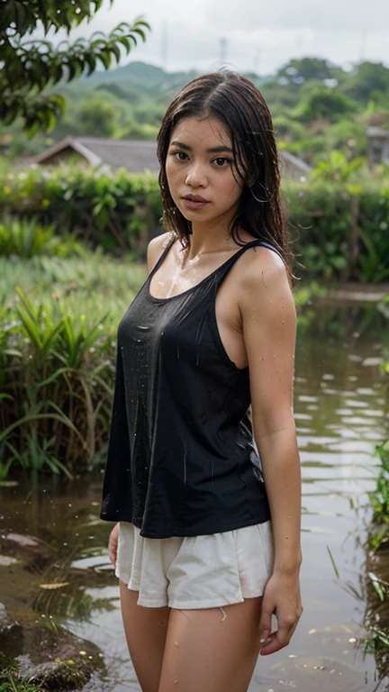 super detailed, very realistic image of a beautiful 20 year old Indonesian girl wearing a white singlet soaked in water in a river, carrying a backpack, brown tactical shorts, boots, headphones around the neck, holding a digital camera, waterfall background, rainy weather , top angle, front view, transparent wet clothes effect showing breasts , rain effect