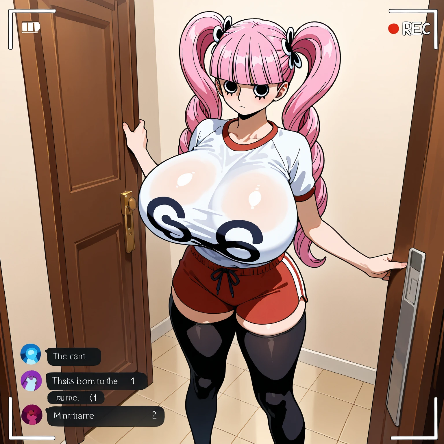 Woman next to girl, behaved, big and thick black clothes, pink hair, sfw, safe, adult woman young girl