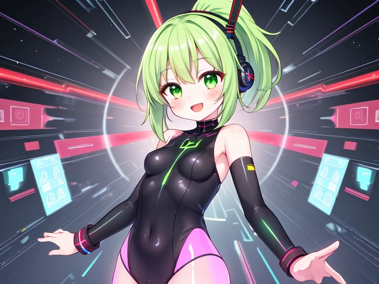 1girl, large breasts, breasts, wide hips, green hair, highleg bikini, bikini, black bikini, smirk, smile, futuristic, science-fiction, tech, neon trim, machinery, short hair, headset, helmet, head-mounted device, mind control, hypnosis, covered eyes, jackopose, bottom-up, top-down