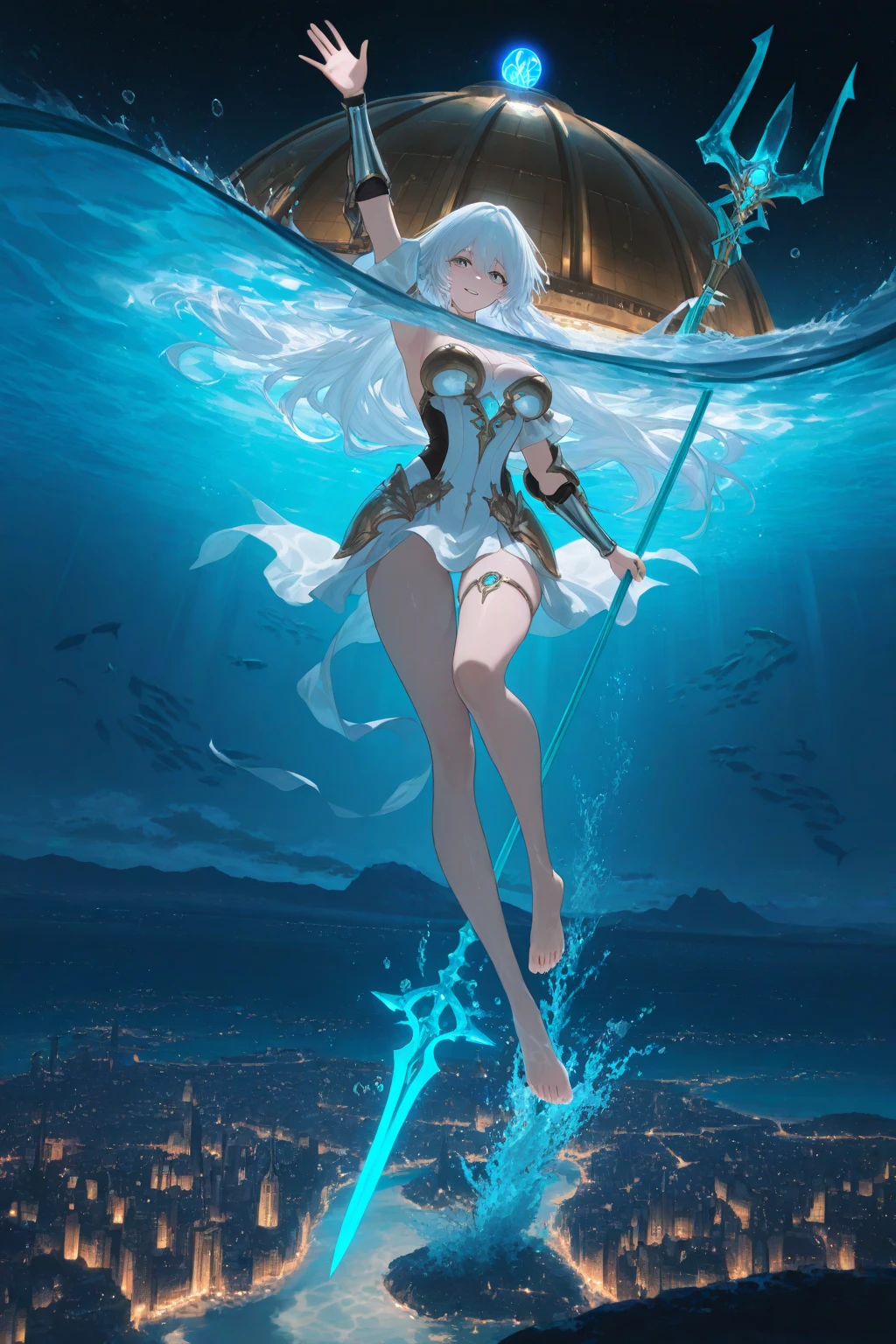 Under the sea、Underwater city、Swimming girl、Full body 、lanthanum、Fantastical、a large amount of foam、Composition looking up at the surface of the water from below