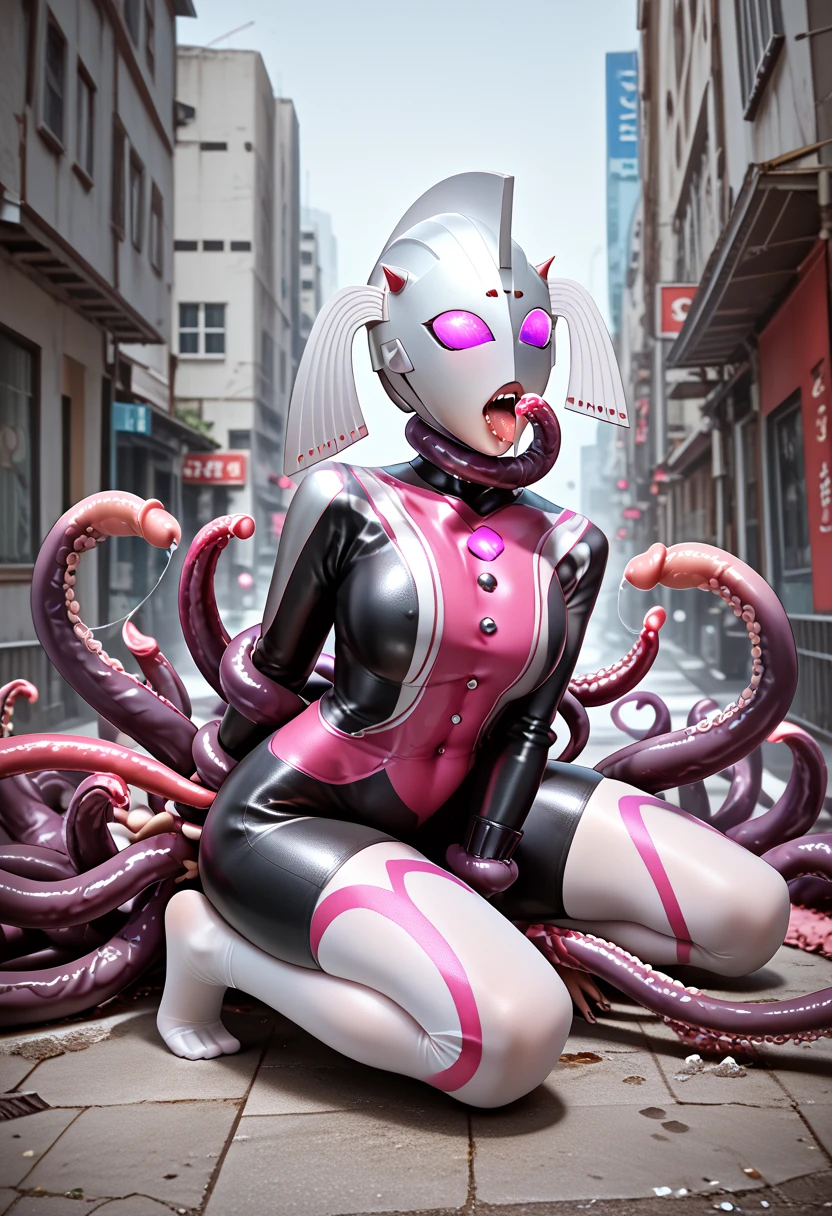(RAW photo:1.2)，Pink latex jumpsuit，Hollow-out on，Holt collar, latex shiny,tight-fitting，sweat leggs，White liquid， Pink body, wearing atsuko kudo latex outfit, wearing tight suit, Smooth pink skin, catsuits, Wearing latex, shiny plastic, shiny metallic glossy skin, The color of pink glow, latex outfit, chrome bodysuit, cyberpunk glossy latex suit, Shiny, futuristic glossy latex suit　spread their legs　M-shaped legs　angry look　sullenness　Irritated，white liquid all over body，