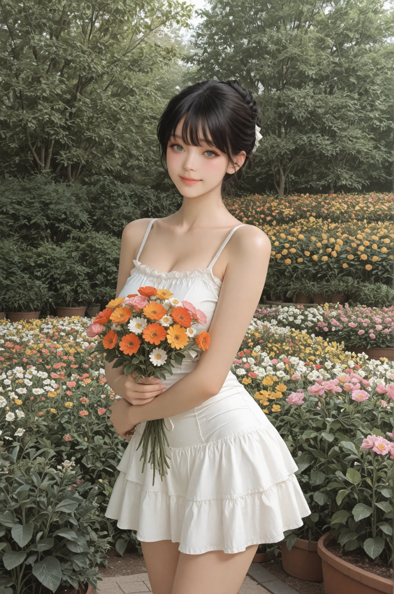 spring has arrived, a girl is busy taking care of flowers in the small garden in her yard, sunlight exposure, warm color, vibrant, beauty, peaceful, high quality, Ultra HD, 4k, 8k, hyper detailed, extreme detail description