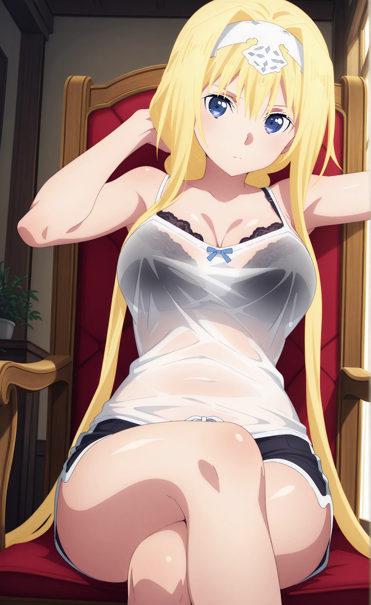 best quality, (masterpiece),(ultra-detailed), (high quality), (high resolution), (3heads:1.5) blonde long hair, identical hair color, black eyes, three headed woman ((large breasts)), ((d-cup breasts)), cleavage, ,best quality:1.5, highres, UHD, 4K),, ((blue play suit )), ((exposed midriff)), sexy proportions,bedroom, thighs, Beautiful girl with accentuated slender abs