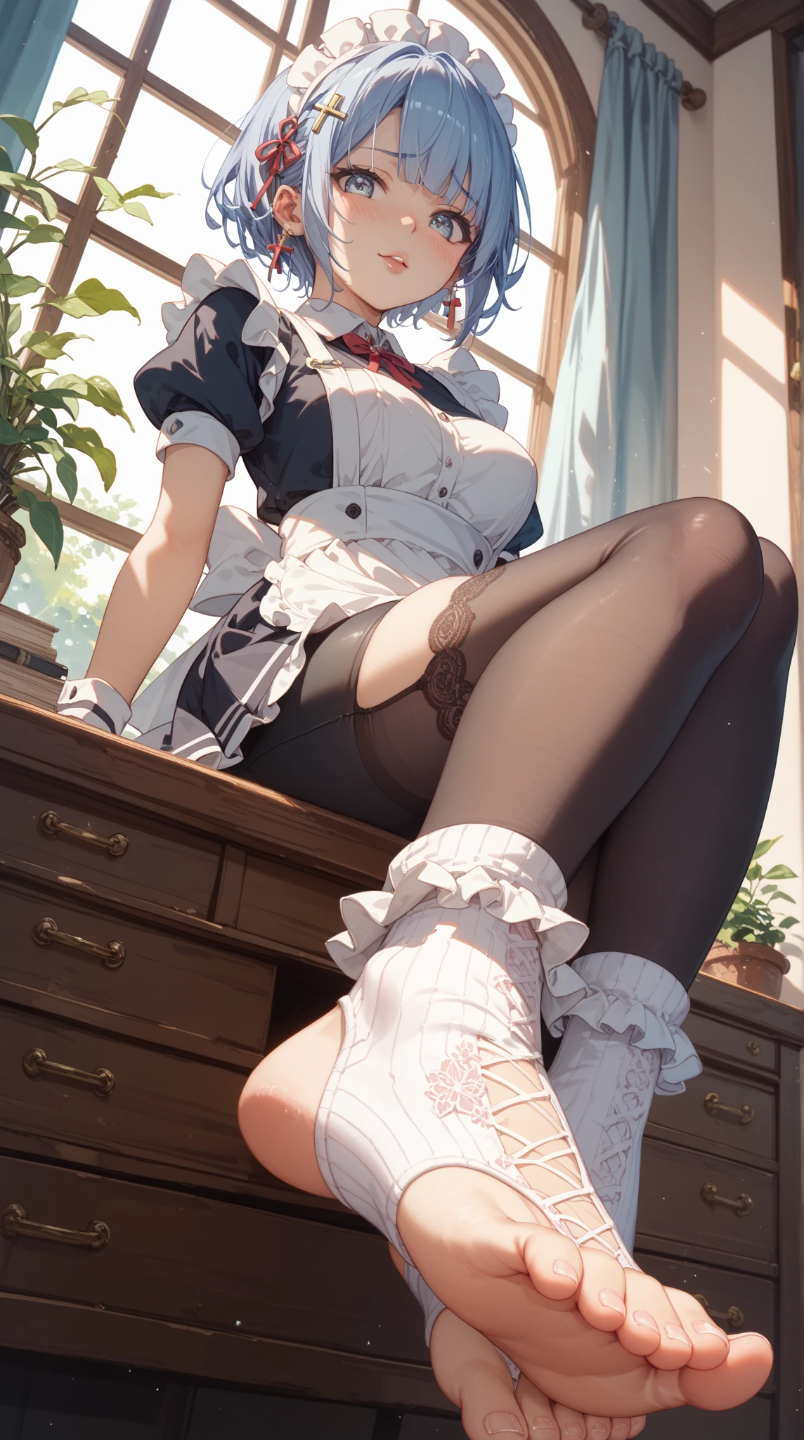 high-level image quality、top-quality、Detailed drawing、Does not blush cheeks、Slender adult beauty、Maid clothes、white swimwear、Small eyes、kneehigh、Stockings、Medium chest、hair straight,pantiess,lacepantyhose