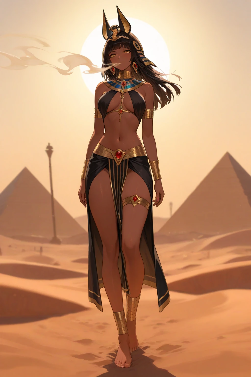 A stunning Egyptian princess, vestida com trajes dourados e reveladores, cativa com um olhar sensual e sedutor. Her medium-length black hair falls elegantly framing her stunning face, destacando seus olhos negros profundos e misteriosos. It is located in a stunning oasis in the middle of the desert, surrounded by palm trees and lush vegetation. Ao fundo, camels add an authentic and culturally rich atmosphere to this fascinating image.
