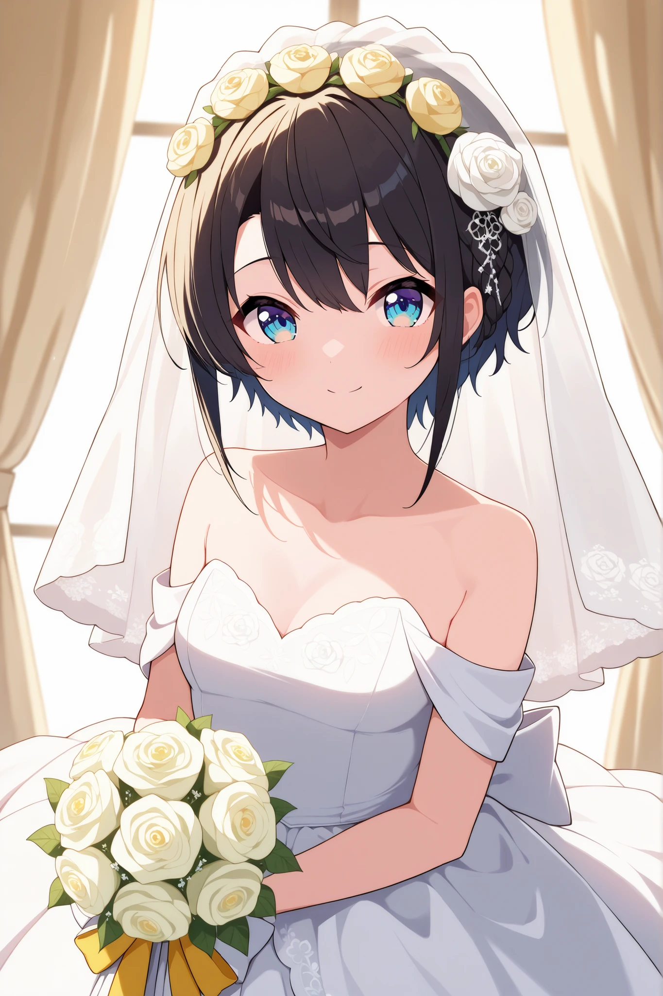 masterpiece,best quality,{{Exquisite and Beautiful Faces and Eyes}}, very detailed background,
Ozora Subaru,short hair,black hair,hair between eyes,braids,hair clip,blue eyes,medium chest,
solo,1girl,hairstyles: (wedding bang:1.2)
Costume: (wedding dress,intricate dress, ロングdress, bridal veil, bride, curtain, watching viewers,
depth of field, dress, Flower, hair Flower, hair ornament, transparent,white Flower, White Rose:1.1),(:1.3)