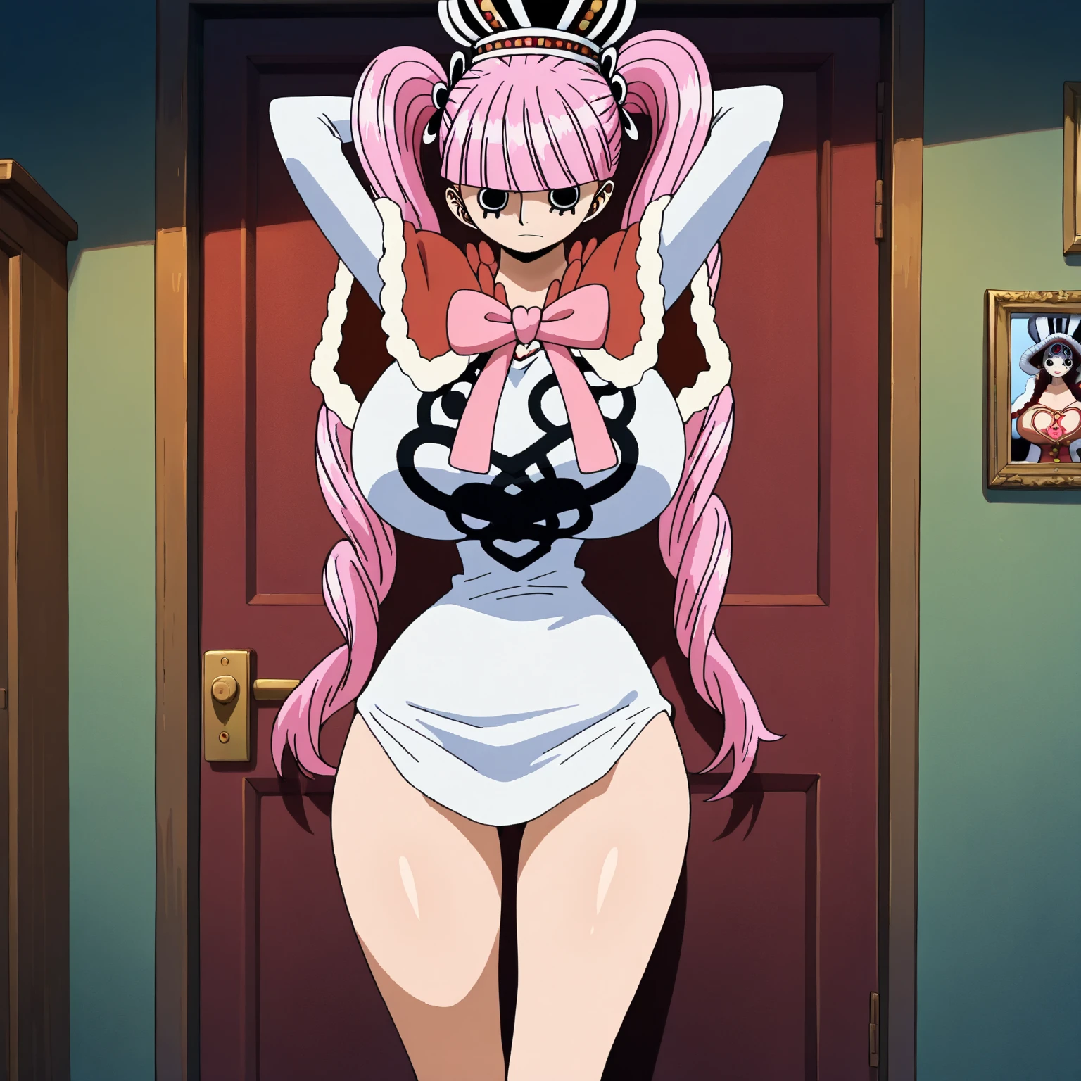 90s style, retro art style, solo, close-up, 1 girl, pretty face, Expressiveh, light purple eyes, detailed pupils, long straight bangs, pink hair, bangs, , elbow-length gloves, gloves, breastless clothing, breastless corset, red , bondage, armpits, arms up, handcuffs, chain, handcuffed girl, bondage, (1 boy, pink eyes, blue hair), rear end , straight, indoor, stage, depth of field, exhibitionism, public, public bondage, masks, latex