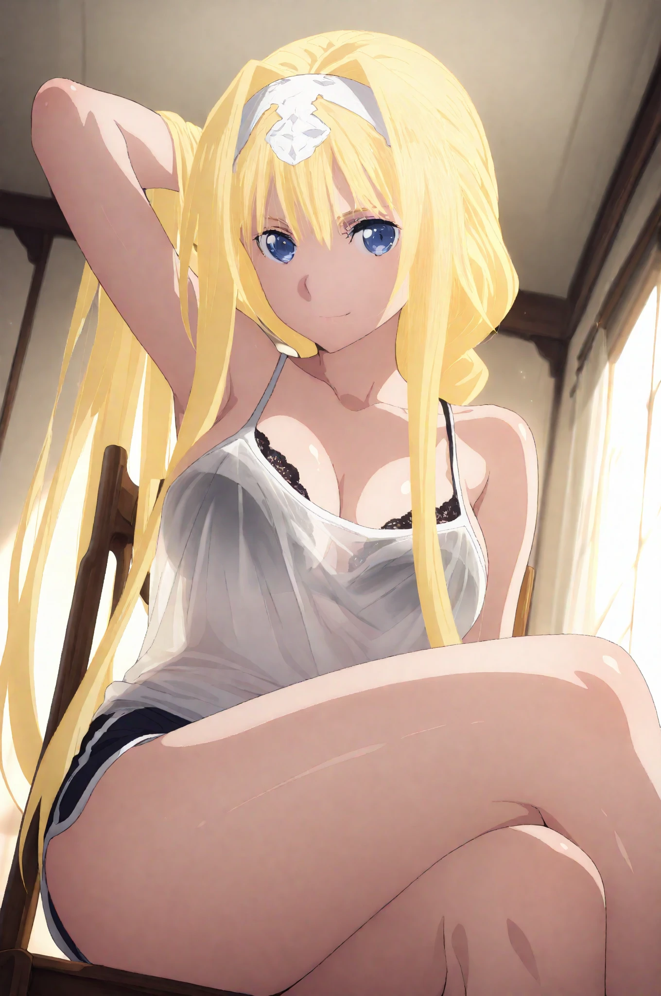 (masterpiece:1.2),Highest quality,Pixiv ,One girl,alone,View your viewers,smile,White background only,whole body,From the side,One knee,,Look to the side、white background only,One girl,Maiden of the Sword, Maiden of the Sword, Long Hair, Blonde, Blindfold, (black Blindfold:1.2), necklace, White Dress, Sandals,Thighs ,White lace panties,No background