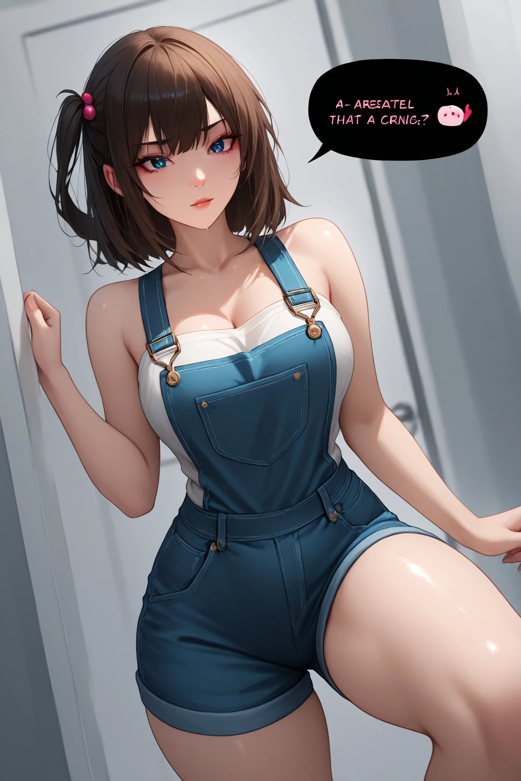 8k,masterpiece, bset quality,big, (1 girl), 2B, blue_eyes, black hair, short hair, professional lighting, (shiny skin: 1.2), shiny big, ((best quality)), sharp focus: 1.2, highly detailed face and skin texture, perfect face, perfect body, blur art, cg, background, Big breasts, presence (20yo, mature cool and beautiful face), wearing ((dirty overalls), white taut shirt, thigh), blush, (mittgal), random pose, top view, perfect eye, angry face