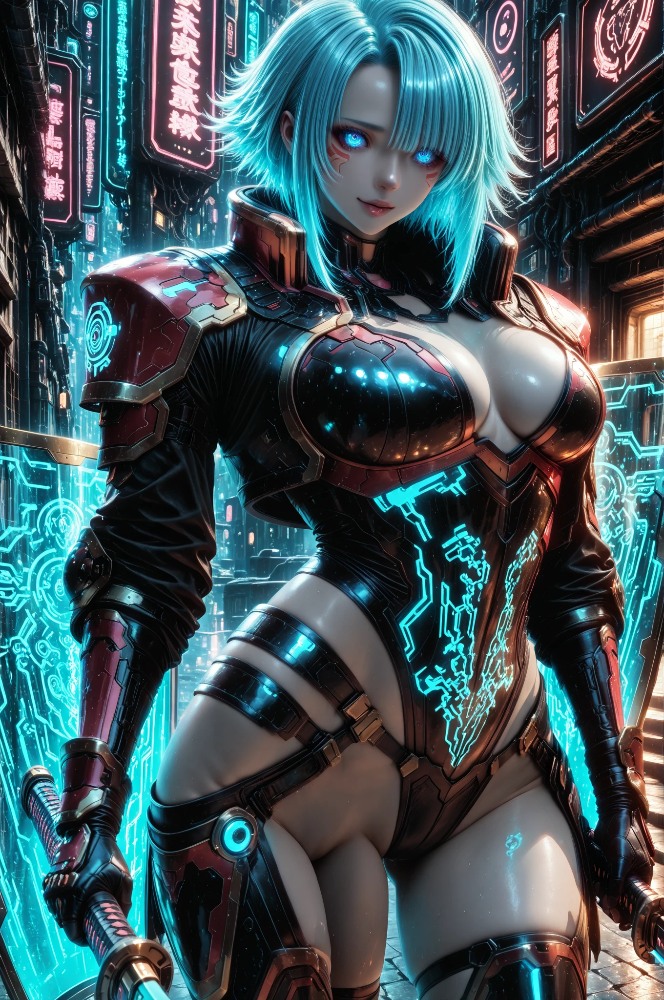 best quality,4k,8k, highres, masterpiece:1.2), extremely detailed eyes, extremely detailed body, (large masterpiece digital art), (detailed manga illustration), (detailed line art), ((perfect anatomy)), (intricate details:1.3), (ultra-detailed:1.3), (illustration:1.3), (sharp focus:1.3), (natural lighting:1.05), (vivid colors:1.3), (masterpiece), (best quality:1.4), (perfect anatomy:1.4), high quality, expressive eyes, full body, tall girl, detailed face, beautiful face, perfect face, breasts, gloves, large breasts, cyberpunk, (black armor), short hair, ((pale skin)), messy hair, detailed ((dark blue hair)), (honeydew hair), multicolored hair, two-toned hair, detailed eyes, (amber eyes), hourglass physique, mecha musume, fortified suit, mechanical parts, headgear, robot joints, bodysuit, deva battle suit, gloves, thick thighs, toned, emblem, superhero, dynamic lighting, 4k resolution, dynamic pose, weapon, energy weapon portrait, Jeff Bridges, ((cartoon style)), Marvel Cinematic Universe style, (((sci-fi city on the water in the background))), soft bokeh of futuristic city, Atey Ghailan, Jeremy Mann, Greg Manchess, Antonio Moro, trend in ArtStation, trend in CGSociety, Intricate, High Detail, Sharp focus, dramatic and photorealistic painting art by Midjourney and Greg Rutkowski, bokeh in the background
