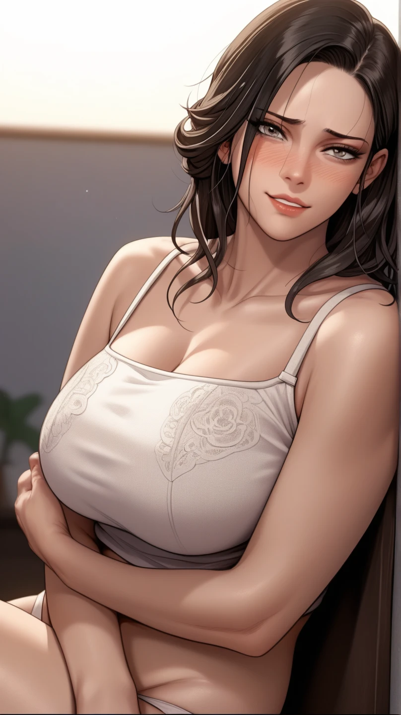 best quality, masterpiece, highly detailed,1girl,  ((rose)), (vine), cage, bandage, red rope, (detail light), falling rose petals, Boa Hancock, , (masterpiece:1.5), Detailed Photo, Smiling, Sexy, (8K, Best Quality: 1.4), (1girl), Beautiful Face, (anime realistic Face), (Black Hair, long Hair: 1.3), Beautiful Hairstyle, Realistic eyes, beautiful detail eyes, (white skin), beautiful skin, absurd, attractive, ultra high resolution, ultra realistic, high definition, golden ratio, (sexually aroused:1.5), Pinkish white skin, cool white light, sexy pose, Beautiful , white background, pink soft white light, Wear a white dress, black lace bra