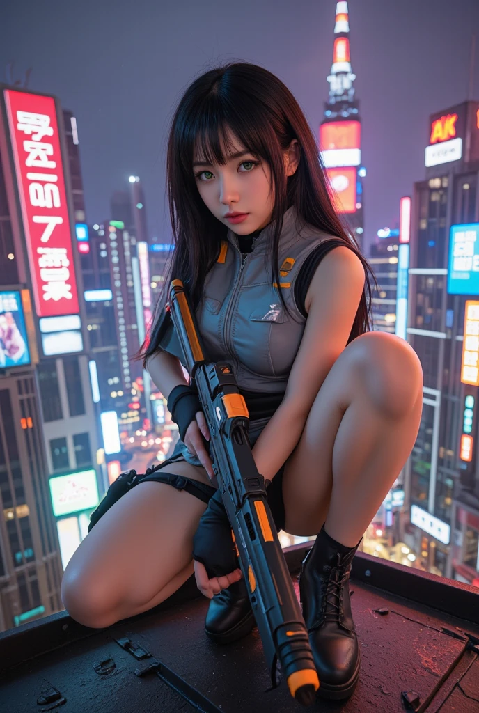 The Art of Digital Cyberpunk,near future、 Girl in Mecha Cyber Armor, cyberpunk beautiful girl,((Lots of accessories))、The wind is blowing、Well-formed face、Girl Naked、barechested、((Nothing is worn))、fullnude、Naked 14 years old、fullnude、8Head and body、a small face、A slender、Very skinny、skinny、tiny chest,Ribs、discreet breasts、Smaller chest、small tits、beauty legs、Constricted waist、dented belly、Model body type、Beautiful hair、Backgrounds that look like real photos、(((NSFW)))、outside of house、(Thigh strap for only one leg)、Happy face、((The view is amazing.))、Show to a very large audience、A smile、Near Future Cosplay、NSFW、Direct sunlight、Gantz,GANTZ Suit、X-gun、knifes、In flight、Sky Fight、head gear、tutelary、Guardian Mecha、Cyber Robot、Giant Weapons、hold a gun、(((