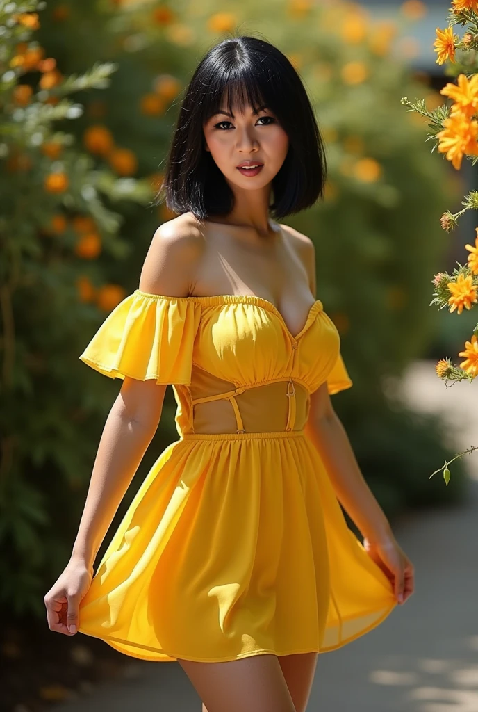 Beautiful Japanese Waifu, early 30s, brunette hair, orange dress in flower fields