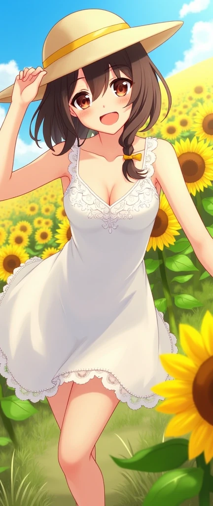 Kōsuke Fujishima style , Anime magazine pinup , clothed erotica , cat woman , wide hip , summer dress , Sunflowers are blooming , heart is beating fast with anticipation