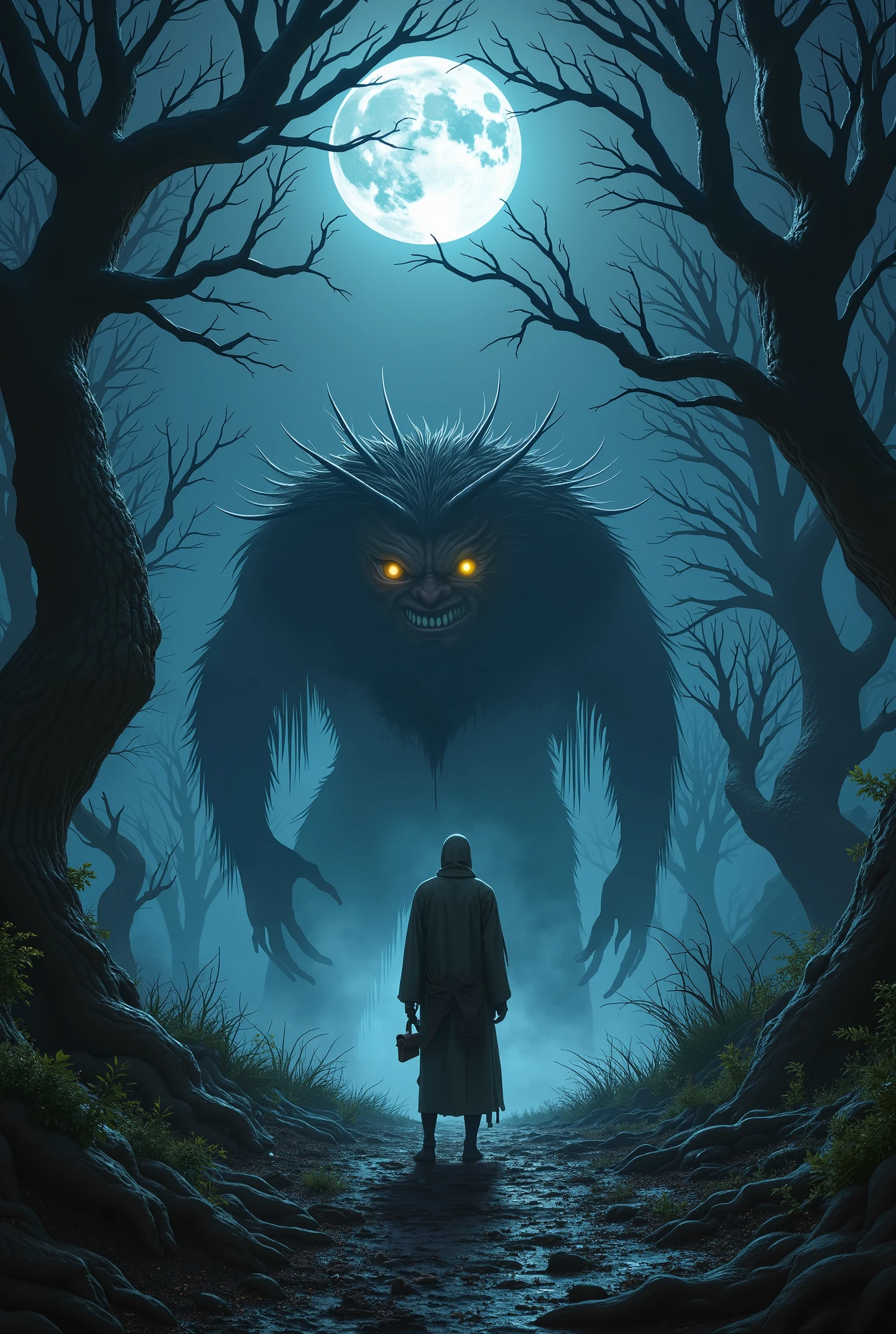 In a darkly lit, mist-shrouded forest, a haunting figure stands at the edge of a clearing. The full moon casts an eerie glow on the trees, illuminating twisted branches like grasping fingers. A lone traveler, dressed in tattered robes, appears frozen in terror as a monstrous creature emerges from the shadows, its eyes glowing with an otherworldly light.