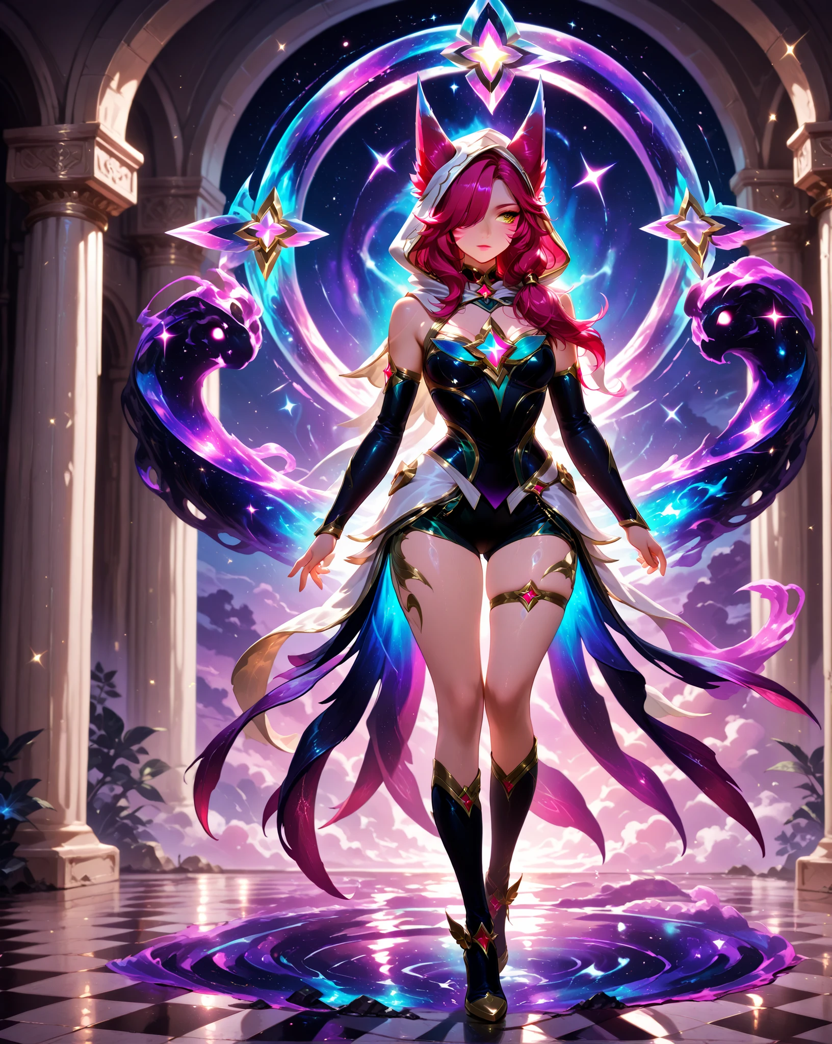 Masterpiece, ultra-detailed, 4K resolution, cinematic storytelling composition, ethereal lighting, emotionally powerful.

Xayah (from League of Legends), alone and desolate, stands on a small, dying star in the center of a distant galaxy. Isolated from her love, her team, and everything she once believed in, her gaze drifts downward in sorrow and quiet despair. From her feet, a cosmic darkness begins to rise — swirling with stars and galaxies — consuming her body slowly like a silent black tide, erasing the radiant colors of her Star Guardian outfit. The darkness reaches up to her thighs, transforming her brilliance into void.

She walks in solitude through a long corridor, paved with a black-and-white checkered floor that stretches infinitely. At one point, she stops and leans her body against a wide white column, her hand gripping her other arm as if to hold herself together. Her face is strained with pain and inner anguish, a silent question echoing within her: Why did I lose everything? Why does no one come for me? Why?

A single tear slides down her cheek as she stares at her reflection — bright rainbow hues fading into muted emptiness. Her costume flickers between hope and entropy. In the background, laughter echoes — high-pitched, haunting, and unmistakable. A black mist takes form in the distance, faint and shapeless, yet Xayah recognizes it instantly: Zoe. Not just her enemy, but a shadow whispering within her mind.

In a final moment of reflection, Xayah looks skyward, her eyes glistening — either from the light of courage or the swell of tears. The scene is bathed in surreal, melancholic light, blending fantasy and cosmic sadness. A battle not of blades, but of identity, memory, and meaning.

Concept art style, soft particle glow, starlit ambient shadows, high emotion, poetic sci-fi fantasy atmosphere.