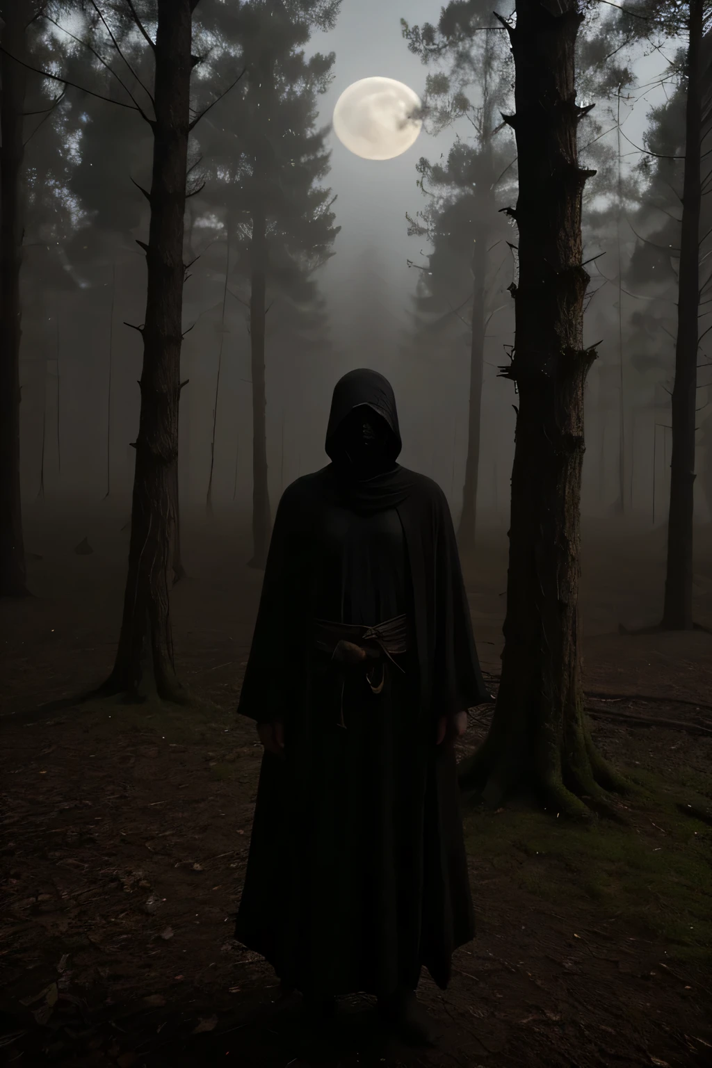 In a darkly lit, mist-shrouded forest, a haunting figure stands at the edge of a clearing. The full moon casts an eerie glow on the trees, illuminating twisted branches like grasping fingers. A lone traveler, dressed in tattered robes, appears frozen in terror as a monstrous creature emerges from the shadows, its eyes glowing with an otherworldly light.