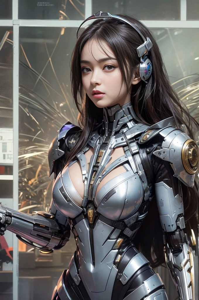 beste-Qualit、巨作、ultra-high-resolution、(photo- realistic:1.4)、Raw photo、女の子1人、Black hair、glowy skin、Cyberpunk Suit、((hyper realistic detail))、portlate、Global Illumination、Shadow、octan render、in 8K、ultrasharp、巨乳、Raw skin is exposed in cleavage、metals、Details of complex ornaments、Gothloli details、Luminous tube、extremely intricate detail、Realistic light、CGSoation Trends、purple-eyed、radiant eyes、Facing the camera、neon details、Mechanical limbs、blood vessels connected to tubes、Mechanical vertebrae attached to the back、mechanical cervical attaching to neck、sitting on、Wires and cables connecting to the head、Small LED lamp、The background is the server room of the future、
