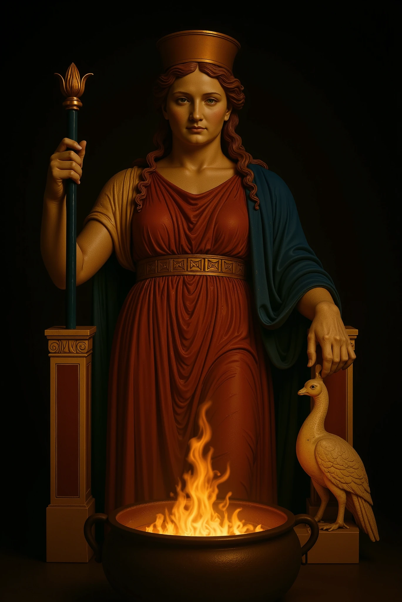 A realistic full-frame image of a marble statue of the goddess Hera, depicted as it would have appeared in ancient times, painted in vibrant polychrome colors. The statue stands in a dark, shadowed environment, illuminated dramatically from below by the flames of a fire burning inside a large cauldron-shaped pyre. The firelight casts flickering reflections on Hera's sculpted form, emphasizing the divine texture and colorful detail of her robes and features. No nameplate or sign is present — her identity is expressed purely through regal bearing and sacred atmosphere.