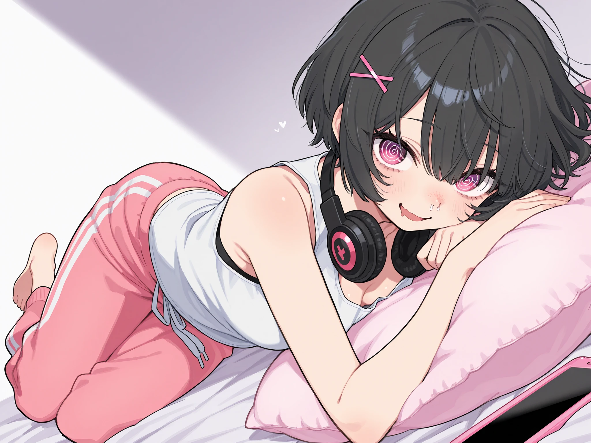 single girl。black hair short hair、bangs are straight、I'm holding it with two pink hairpins、pink eyes with black swirling pupils、Eyelashes、Her breasts are pretty big、pink sweatpants、Barefoot、white sleeveless shirt with quite a bit of open neck、on a fluffy pink bed、round and round目、Smile Yan、eyes without highlights、Runny Nose、I'm laughing with my mouth open。drool、large pink pills and banknotes scattered around、 swirl in the eyes 、It looks like they're getting bogged down with medicine、散らばったglitterの星のエフェクト、confused effect、round and roundしたエフェクト、飛び回るglitterのエフェクト、there are pimples under my eyes、Cute pose while lying down、glitter、round and round。
