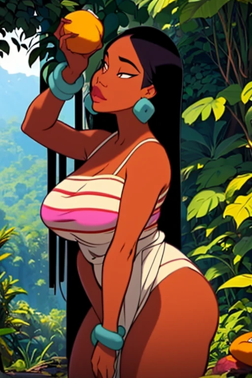 a sexy brown voluptuous big ass, freaky big booty, indigenous girl, wearing accesories in the arms and legs, wearing loincloth, at the jungle, posing sitted, sexy, artistic composition, masterpiece art
