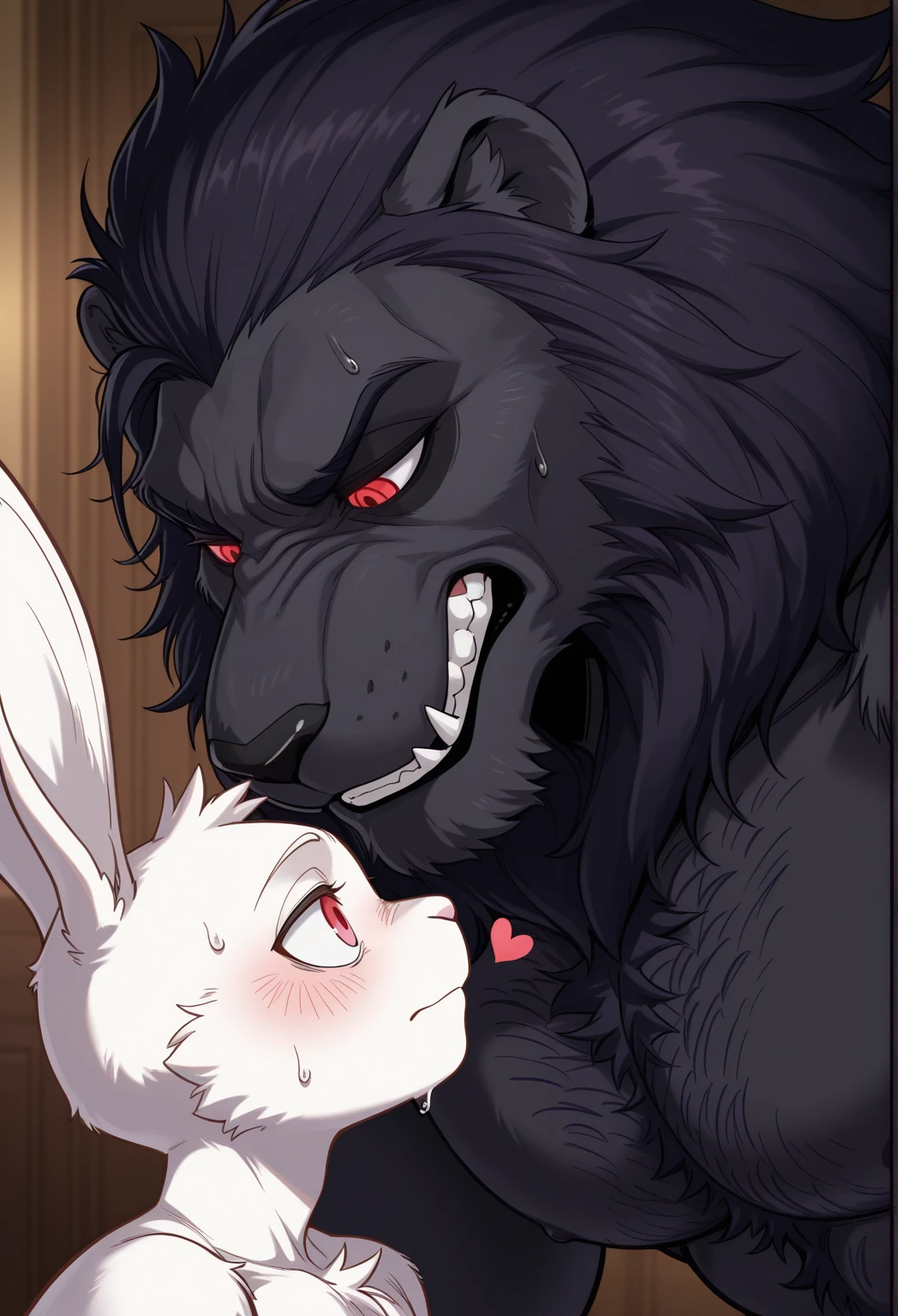 Duo, score_9, score_8_up, score_7_up, Anthro, an Anthro furry sheep, female sheep, wool, wooly body, yellow eyes, naked, breasts, pussy, nipples, hooved sheep feet, eyes half open, mouth open, sex, standing sex, sex with large male werewolf, full Nelson, she is getting fucked by large black male werewolf, outdoors, black werewolf male is cumming inside her