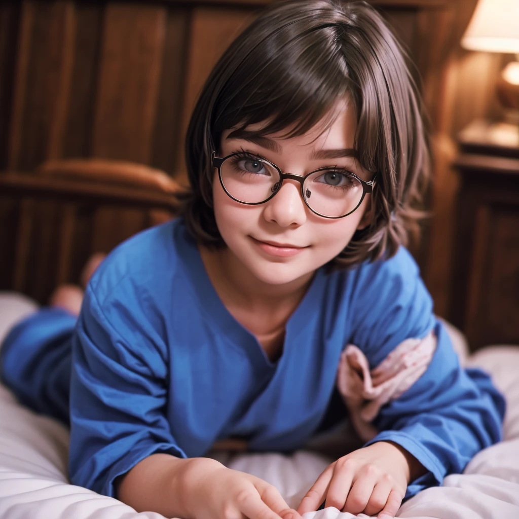 Raise a 7 year old white boy, very curly hair, greeneyes, blue glasses, red and blue spider web pajamas