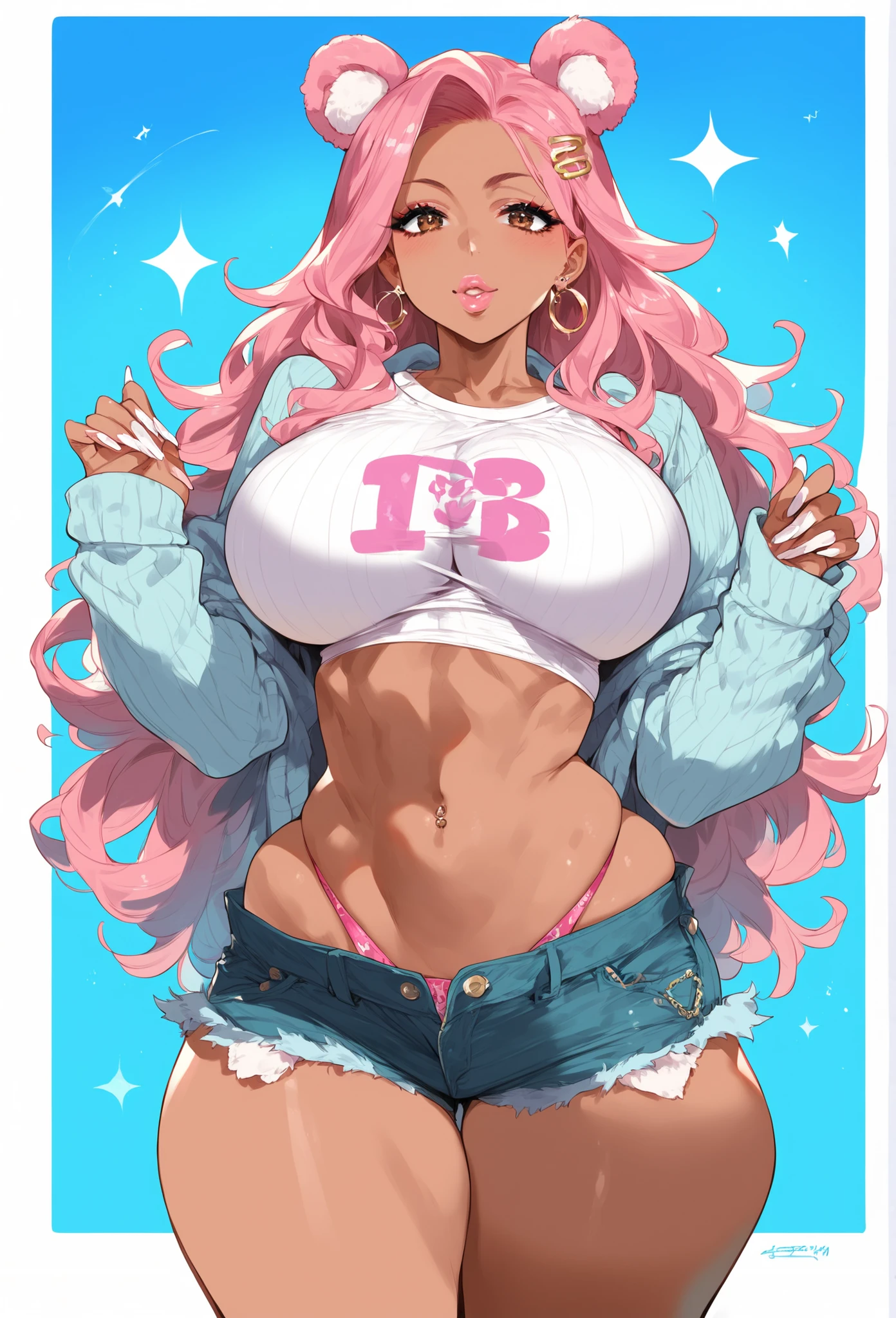big cleavage, detailed, highres, sexy, wide hips, 1 girl, brown eyes, pink hair, long hair, dark skin, pink bear ears, long sleeves, sleeves past wrists, graphic tee, crop top, gyaru, lips, white nails, long nails