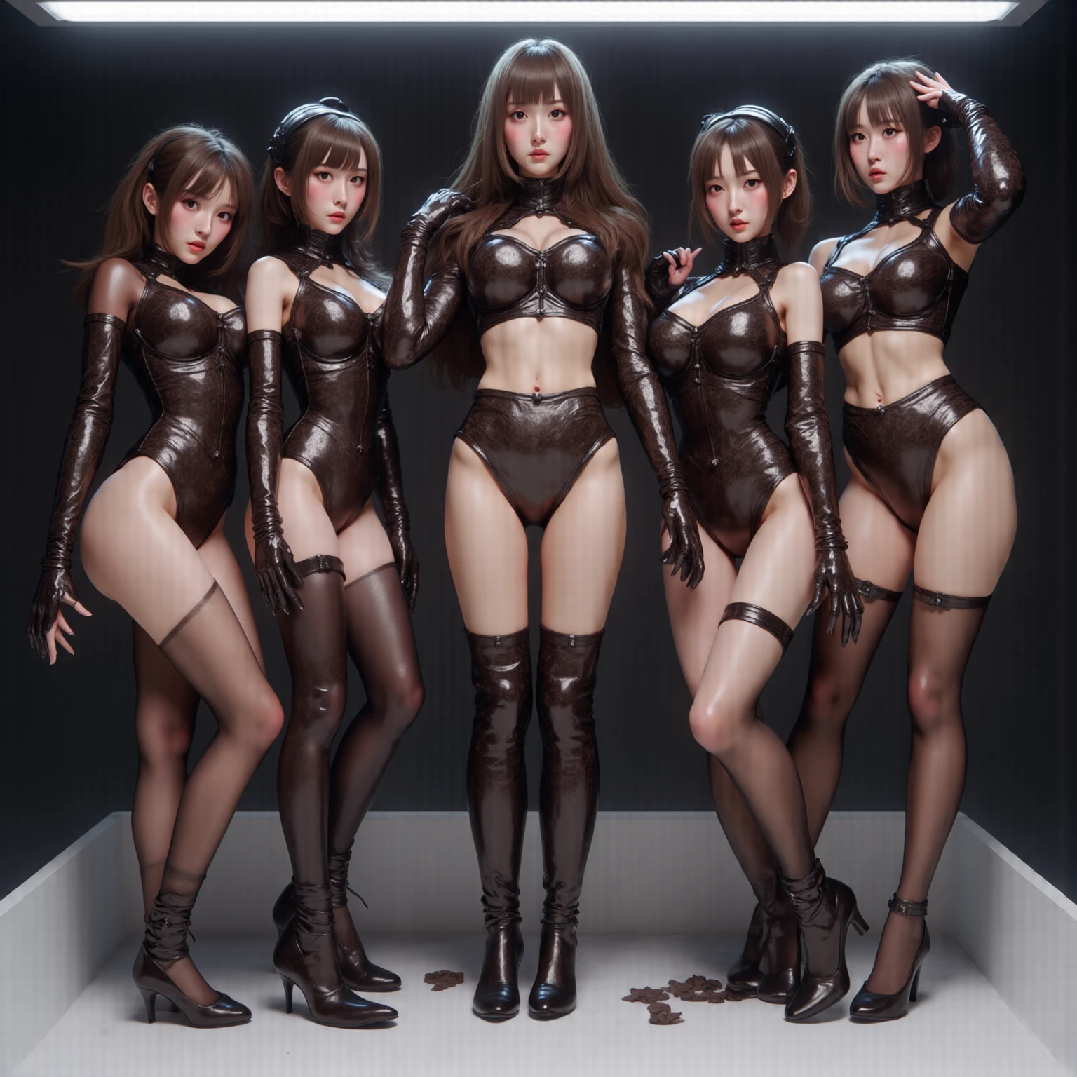 Sexy asian girlsband, sexy body pose, seductive, on stage dancing, sexy, wearing elegant minidress, traditional dress, collar, corsait, stockings, garter belt, high heels, very long boots, high boots, long gloves, ponytail, colorful lipstick, long hair, full body shot, restored faces, very detailed faces, beautiful face,
