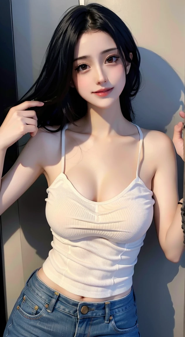 (8k, RAW photo, photorealistic: 1.25), (lip gloss very much, eyelashes, watery eyes, best quality, ultra high resolution, depth of field, chromatic aberration, caustics, wide light, woman in her 30s, solo) Looking at the viewer with a smile, necklace, choker, full body, big, mole on the chest, thin white underwear, bare legs, no panty, one, Japan, black hair short hair, Sitting, sitting on the sofa, wearing a small shirt, breasts sticking out of the shirt, cleavage visible, navel visible