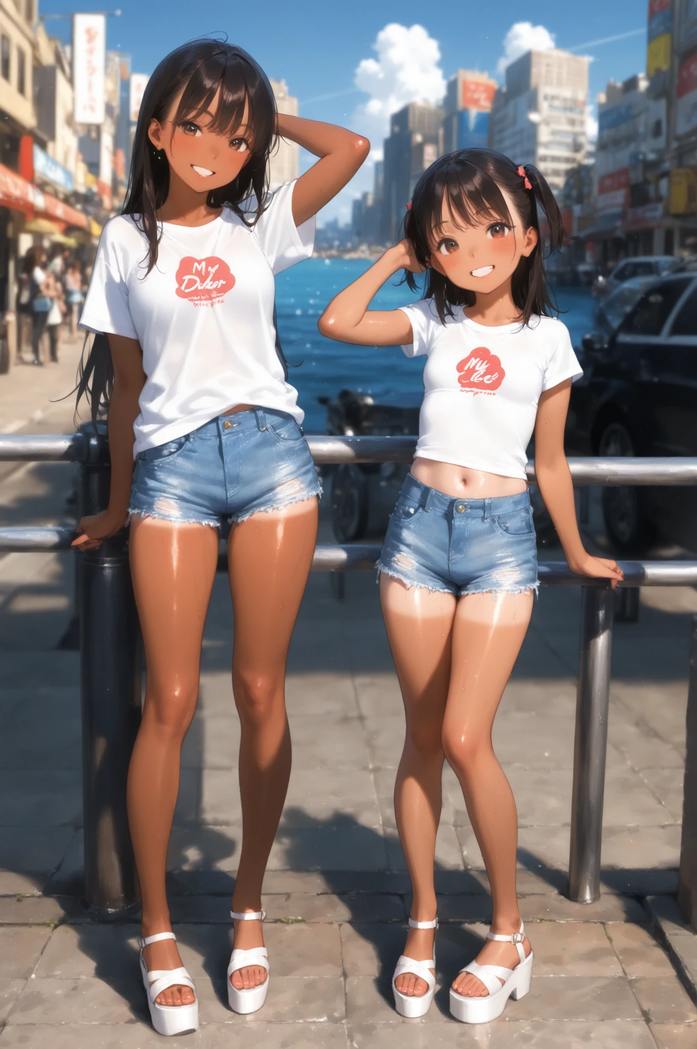 masterpiece、High Accuracy Choice、top quality、girls、cute、Oily dark hair、brown eyes、long hair、Slender Body、Small Bust、 white buka buka t-shirt、thick fabric denim shorts、tanned skin all over、Standing、Platform sandals for  feet、and take a look at the camera、Grin、My cheeks are red  、The background is a city with an ocean view、hanging out、beautiful legs