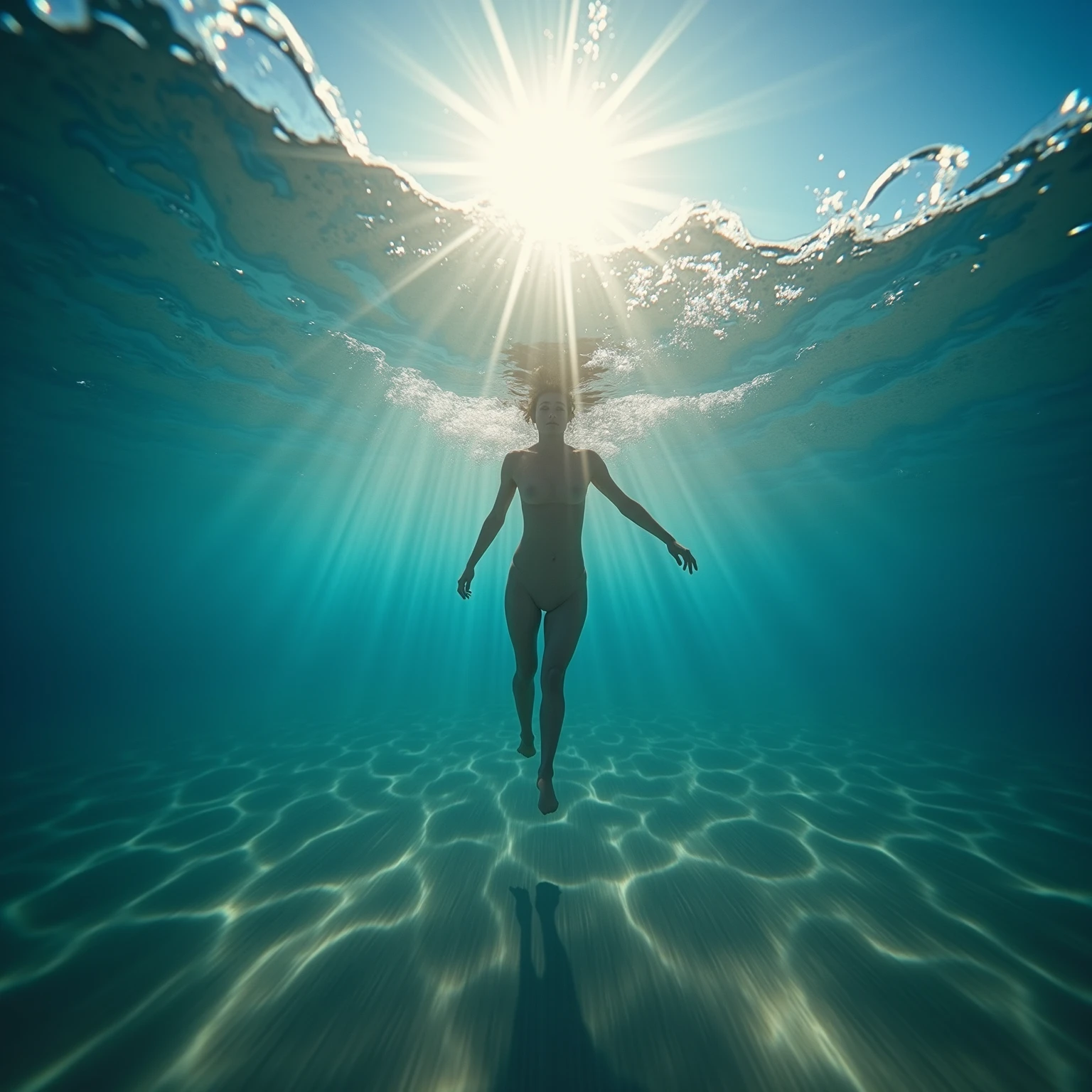 Image from inside the very blue sea and the reflections of the sun hitting the water are beautiful and in the background a person who dived