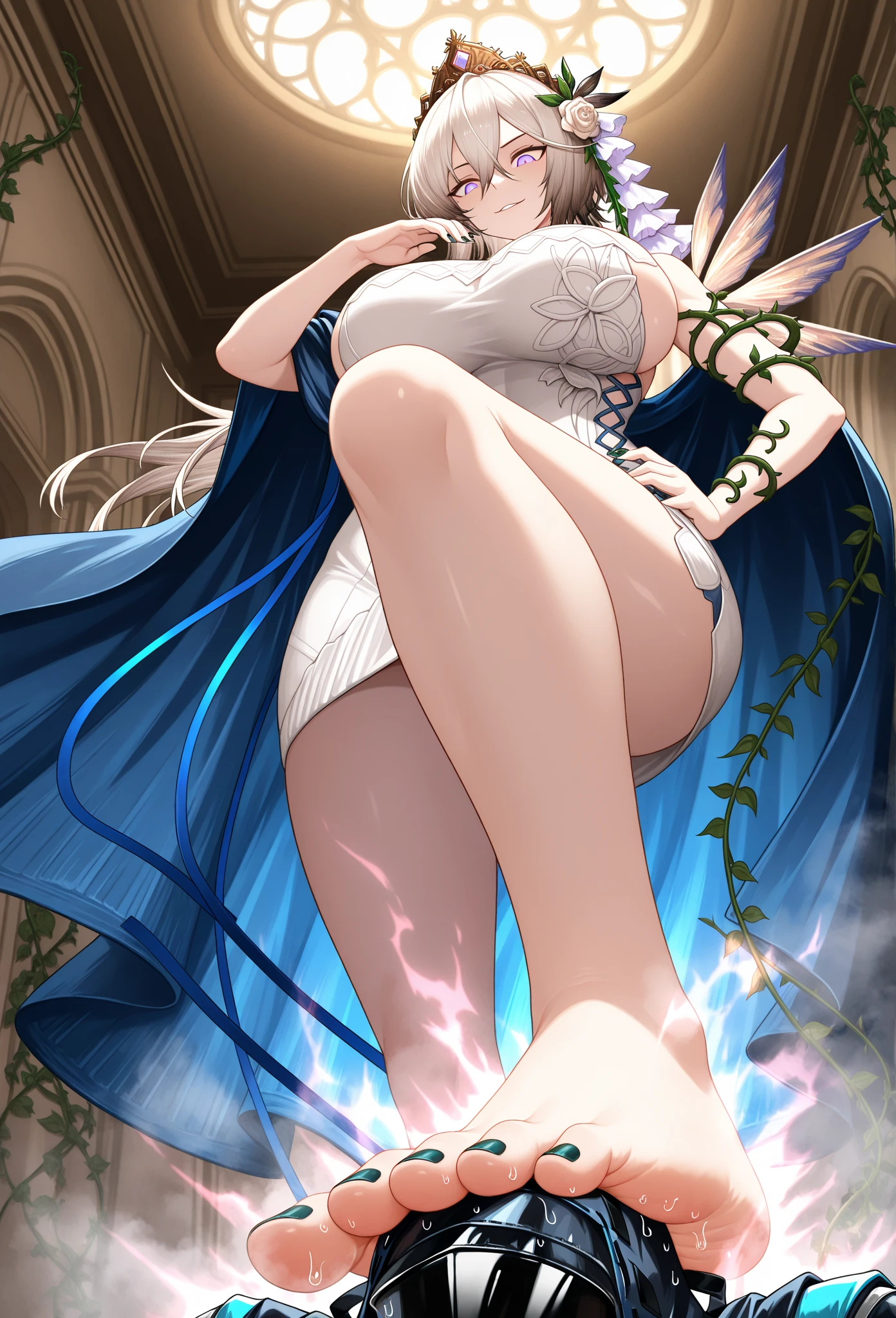(Masterpiece, Best quality, Ultra-detailed, A high resolution), Perfect face, side-lighting, Glossy glossy skin, standing, White lace, Blue Themes, fantasy, Bikini, Lace, white thighhighs, ((Lace trim)), ((string biniki)),
(full bloom), (Shine), lighting, Ray tracing, ((Science_fiction)), Outdoor, Depth_af_Field, Night, winter,
shenhe \(Genshin Impact\), Silver eyes , hair on one eye, (hair adornments) , breast curtains, High heels, Long hair, Braid,pregnant belly,Pregnant belly