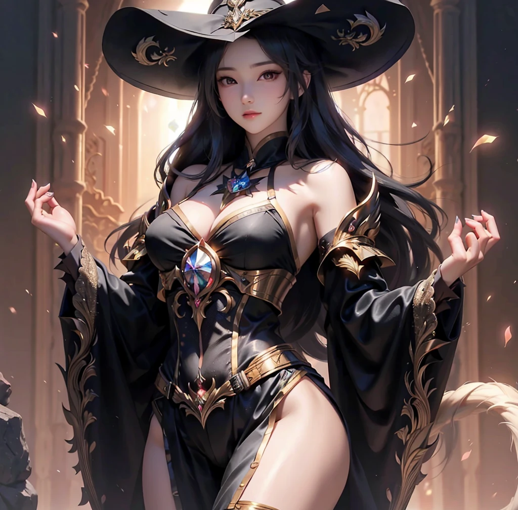 8K,Dressed in a witch's costume with a bright wand、A female mage who conjures up spells、(Face like the real thing)dark fantasy female magician、Portrait of a female magician、Beautiful female magician、Female sorceress、Female Thunder Mage、Lightning Mage Character　Beautiful expression　超A high resolution　real looking skin　in woods