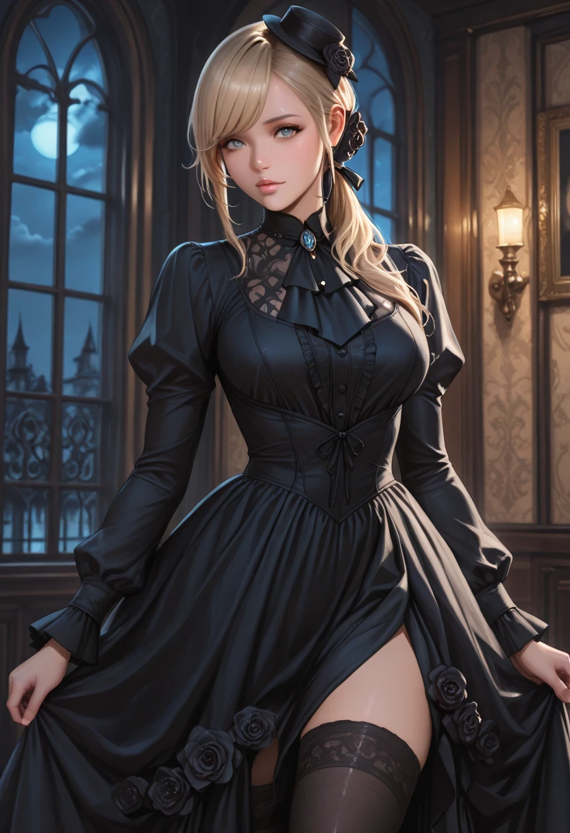 Cinematic, Vampire Slayer, Wearing a gothic steampunk fashion dress、Walking through a Gothic cemetery at night, Foggy and rainy conditions, Ghostly atmosphere, 1800s, (High skin detail: 1.2), Super detailed, Photorealistic, Depth of written boundary, Cinema Lighting, IMAX Camera, High resolution, German Touring, Full HD, 8K , 超High resolutionでPhotorealisticで美しい照明で撮影. This masterpiece is of the highest quality、Zentangle abstract background。 (Weighting 1.4).