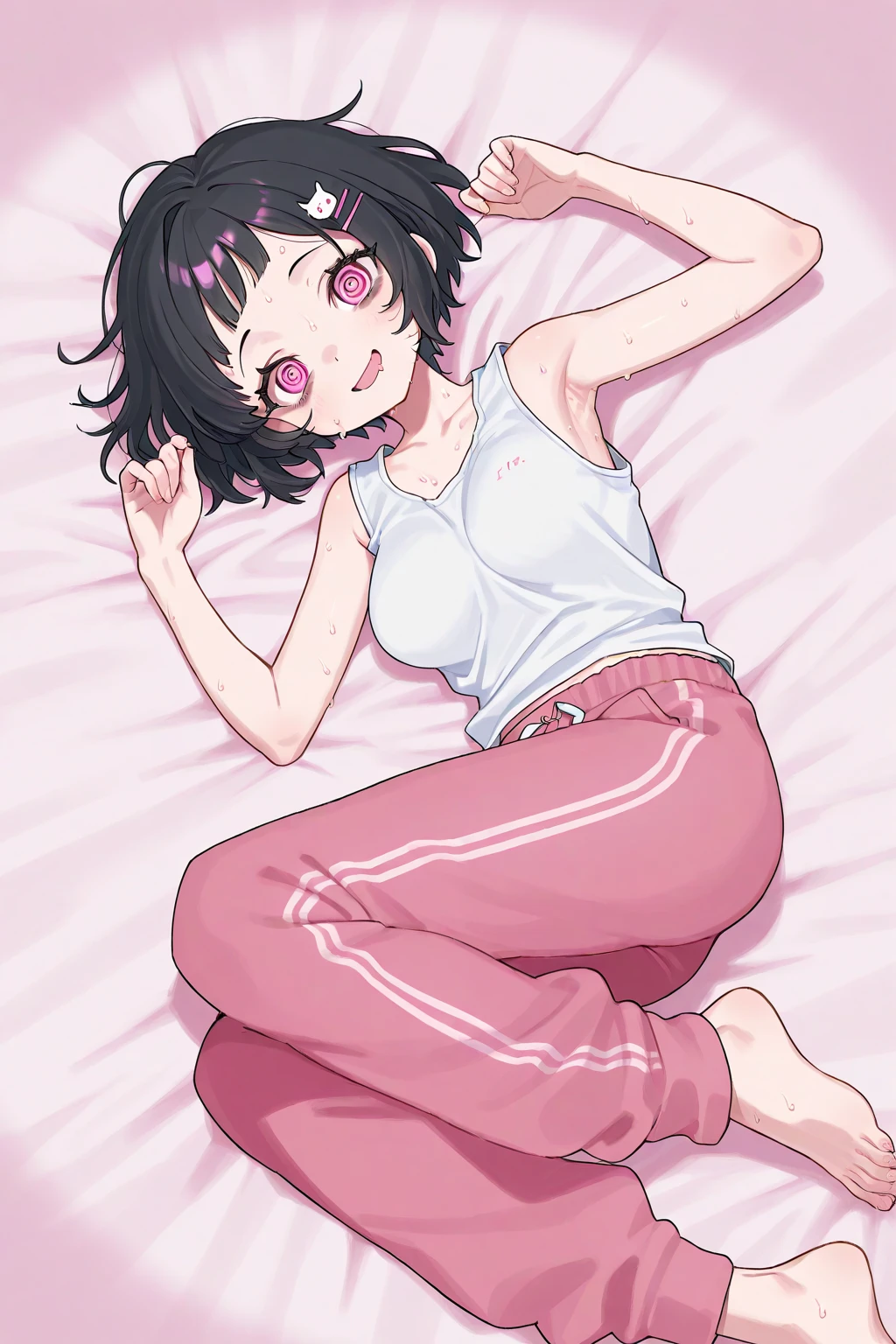 nsfw,(masterpiece, highest quality), Bedroom, 1 girl, , , ,anatomically correct body, flat chest, (Unzipped crop top), (shorts with zipper removed), (open fly), (kids panties), in a colorful Bedroom, lying in bed, From above, morning, bright sunlight, white, bright colors, watercolor、short cut hair、Sweat、Showing off her breasts