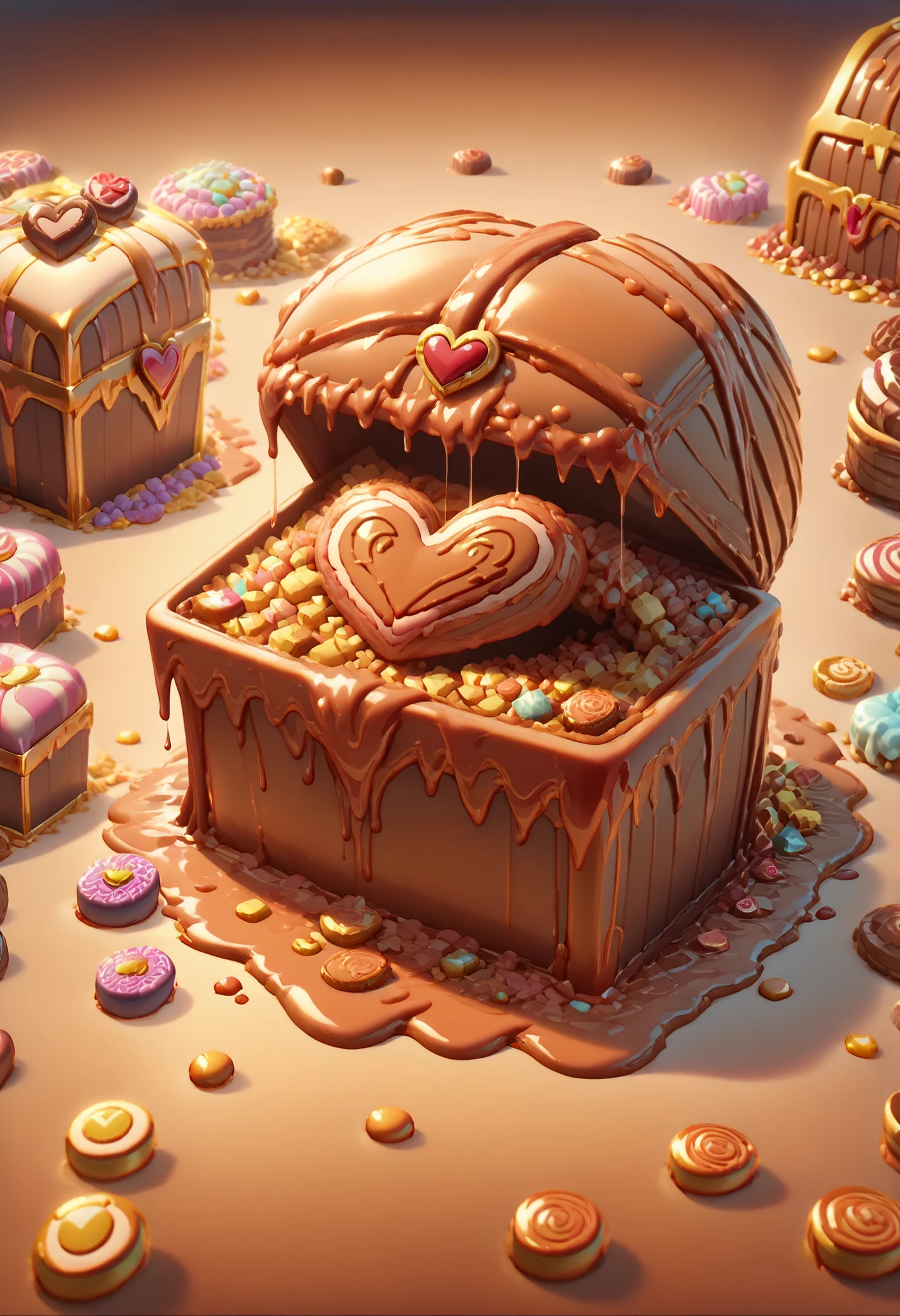 Animescreencap, Anime style, Anime coloration, ((chocolate mimic treasure chest on the ground)), full body, huge sharp teeth, saliva, heart shaped lock, long tongue, candyland background, buildings made of candy and sweet desserts. gold-wrapped chocolate coins.