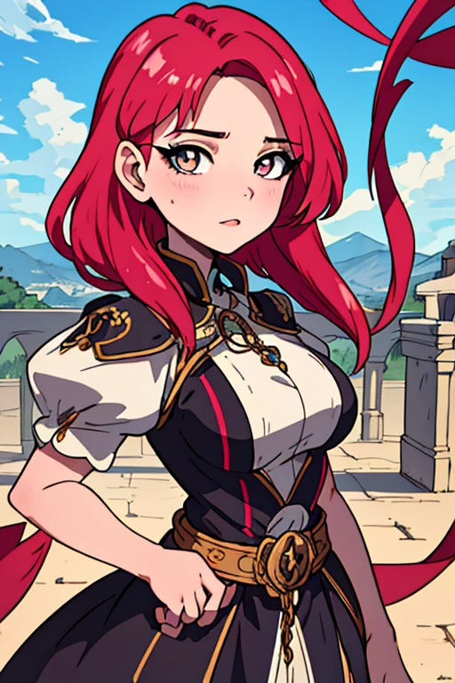 medium breasts, (detailed hair), (masterpiece), (best quality), (ultra-detailed), (upper body), 1girl, sharp focus, background: castle, background: fire, detailed face, (intricate details), (depth of field), daytime, <lora:Anna_Fire_Emblem:0.7>, Anna_Fire_Emblem, full body, ponytail, medieval armor, fierce expression
