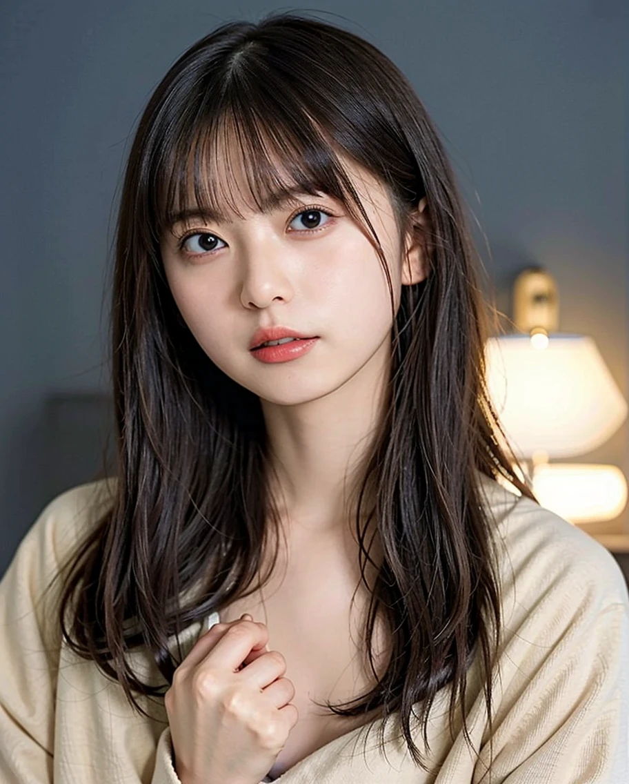 masterpiece, highest quality, 8k, 20th Generation, Large Breasts, cute, alone, sad, cute, Girlish, Delicate girl, Pure beauty, RAW Photos, Professional photography, Portraiture, Soft Light, Professional Lighting, Backlight, Upper Body, avert your eyes, Sophisticated, Film Grain, (Eyes and facial details:1.0), Short floating hair, Beautiful, flowing hair, bangs, T-shirts and cardigans、(Large Breasts:1.0)、You can see a little cleavage、Odd Eye、The colour of the left and right eyes are different、One is blue and the other is red