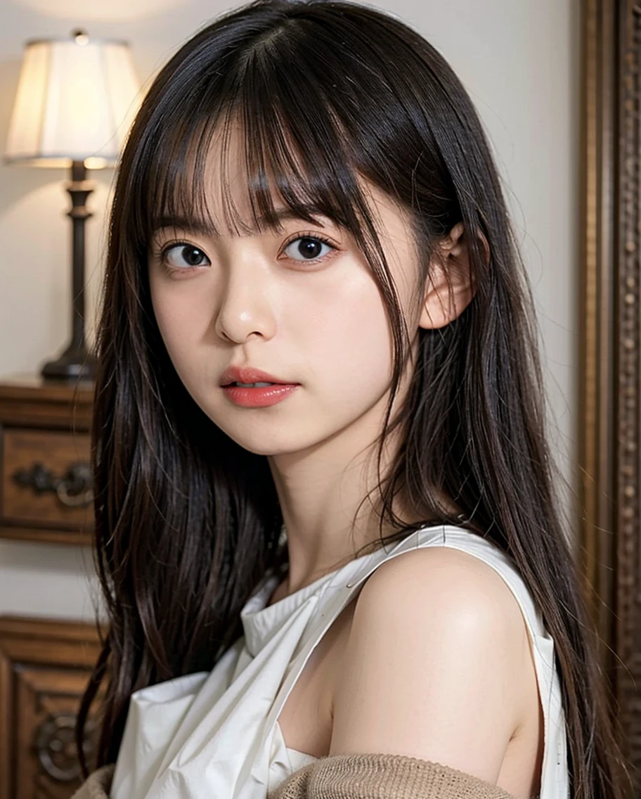 highest quality, Realistic, 8K, High resolution, 1 Girl, woman, (Skin dents), (Portraiture:0.6), nice, ((White Background, Completely naked, Small breasts:1.65)), (Long brown hair, Parted bangs:1.4), Watching the audience, (1 Girl eyes Watching the audience:1.6), Realistic, (Bokeh), (Closed Mouth, smile:1.3), nice, Purelos Face_V1:1,