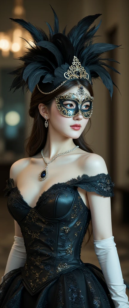 (woman in a masquerade party,elegant venetian mask,intricate costume,beautiful detailed eyes,beautiful detailed lips,extremely detailed face,highly detailed mask,moody bar interior,chiaroscuro lighting,dramatic shadows,cinematic,4k,8k,highres,masterpiece:1.2,ultra-detailed,realistic,photorealistic:1.37,rich colors,refined color palette,captivating)