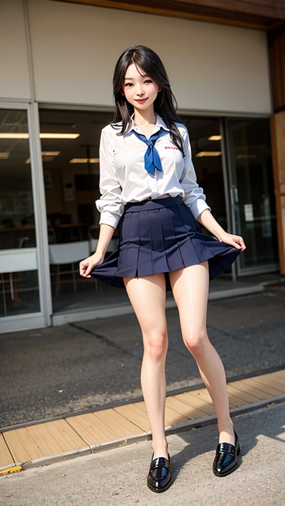 8k,highest quality, masterpiece, Super detailed, 超High resolution, Realistic, RAW Photos, Absurd, The absolute solution, One girl, whole body, View your viewers,Young and pretty girl in Japan,Super cute face, Attractive person, Large Breasts,Long Bob Hair,smile,(school uniform:1.3),Beautiful Eyes,(the wind is strong:1.3), Walking down a crowded street with a smile on your face, Glossy Lips, Double eyelids on both eyes, Natural Makeup, Long eyelashes, shiny smooth light brown Long Bob Hair, Asymmetrical bangs, Shiny skin, Center image, High resolution, Attention to detail, Detailed hairstyle, Detailed face, Great cinema lighting, Octane Rendering, Vibrant, Ultra-realistic, Perfect limbs, Perfect Anatomy 、((Sexy panties in full view:1.05))、((Spread your legs wide:1.45))