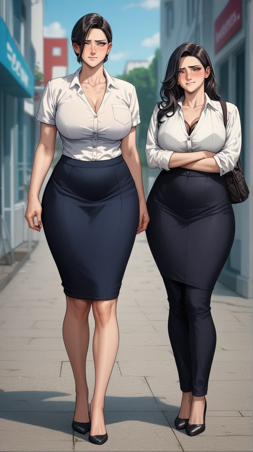 (Full body, glasses), An image of a pregnant girl wearing a bluse and a skirt. She has a very voluptuous body, pink hair and blue eyes