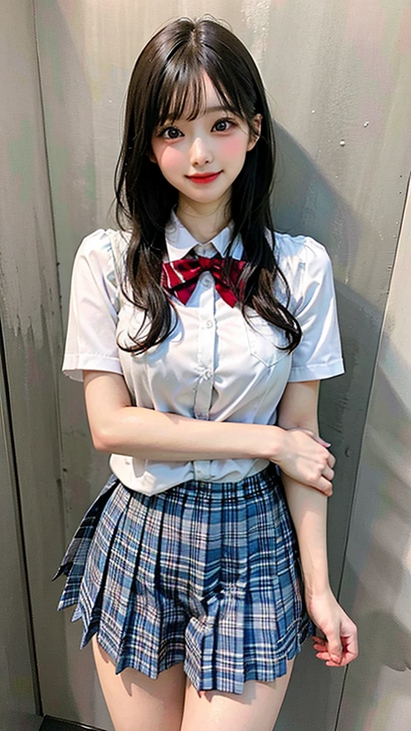 ((NSFW)),((Tabletop, highest quality, High resolution, Hmph, Perfect Pixel, 4K, Hmph, Hmph))), One Girl, single, alone, Beauty、The whole body is visible、 ((Mid-wave hair, bangs, brown hair)), ((Brown eyes, Beautiful eyelashes, Realistic eyes)), ((Detailed face, Blushing:1.2)), ((Smooth texture:0.75, Realistic texture:0.65, Realistic:1.1, Anime CG Style)), Medium chest, Dynamic Angle, Perfect body, ((Red bow tie, , , White shirt, Black Skirt, Checked skirt)), City stairs、looking up from the bottom of the stairs、Very embarrassing panic smile、Open your mouth in amazement、 looked back、Leaning forward、(The wind blew up her skirt, exposing her buttocks........................、Stick your butt out、Touch your buttocks with both hands、White lace panties)、