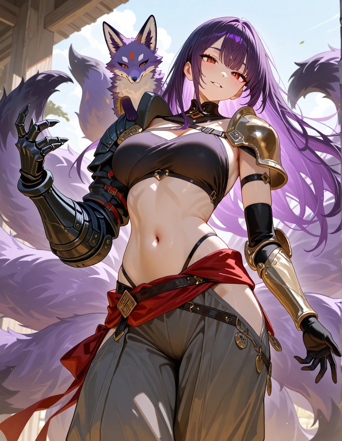 Female Genshin Purple Hair Sword Drawing Posture Imperial Sister Wind Temptation Black Silk Garter Purple Eyes Blue-Gold Headdress Red-Purple Waist High Quality Exquisite Details High Resolution High Definition High Gloss, Big Breasts Tall Body Charming and Charming Fox Ears Fox Tail High Appearance --auto --s2