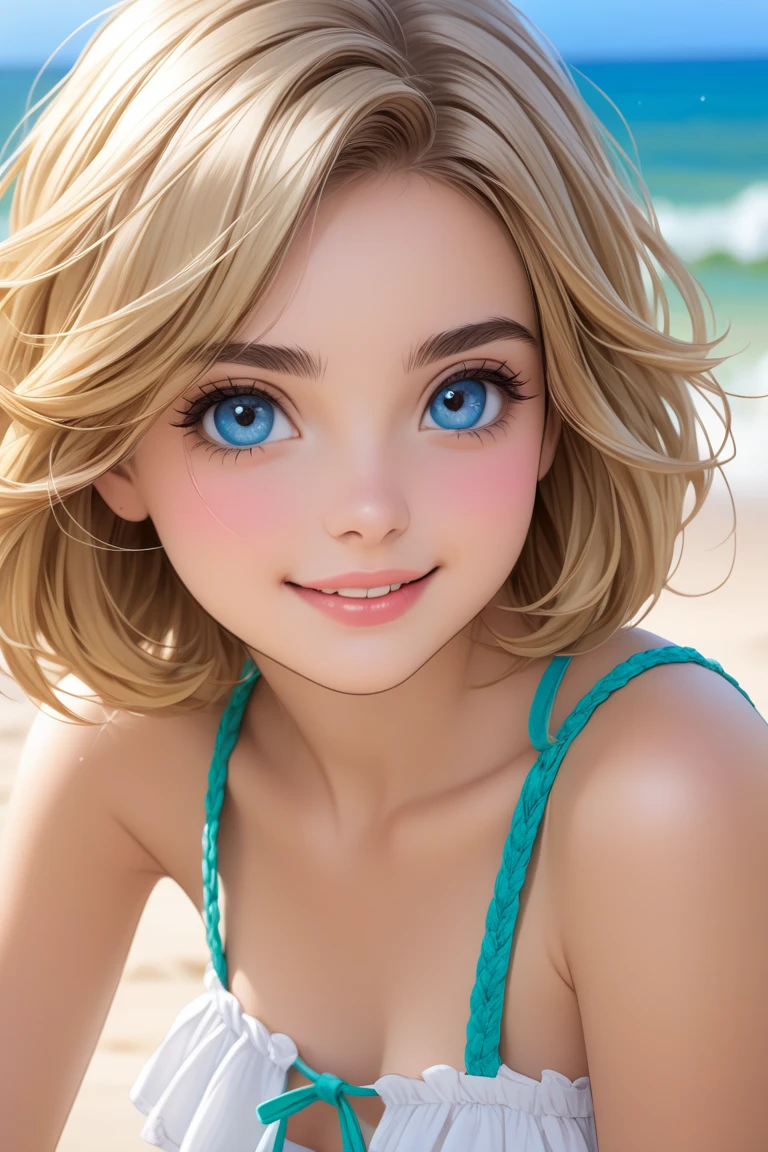 (masterpiece), (best quality), (ultra-detailed), (solo), 1girl, (beautiful detailed sky), A beautiful blonde college girl with braces, wearing a colorful bikini and a hat, enjoying the summer day on the beach, realistic, beach, outdoors, swimsuit, hat, day, blonde hair, smile, 1girl, bikini, looking at viewer, braces on teeth, baseball cap