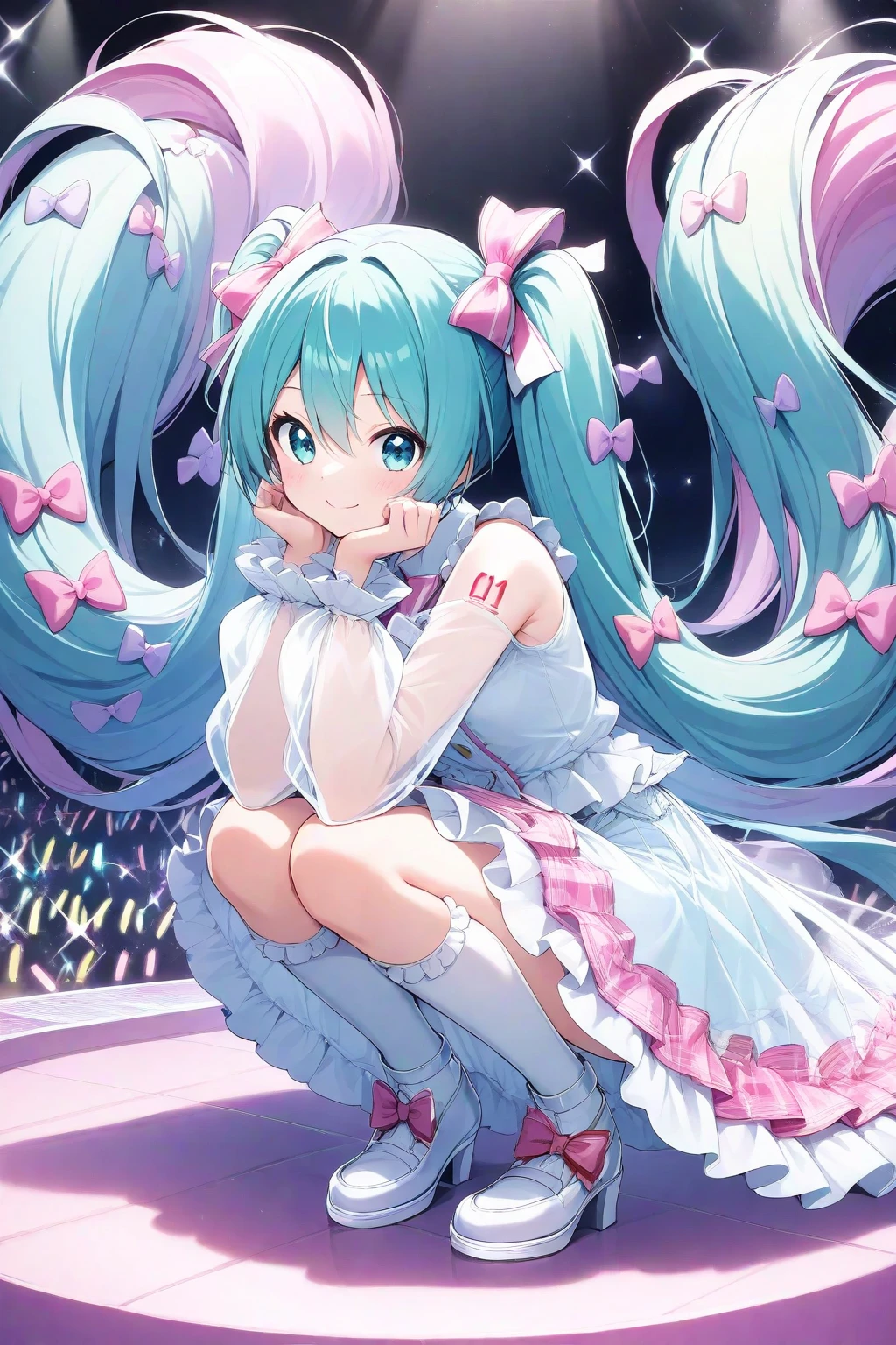 Young Hatsune Miku、girl、独奏、blush、(Huge breasts:1.4)、girl、Kindergarteners、、6 years old、、、smile、Striped panties、Long skirt、Long sleeve、colorful、Idol Costumes、Frills、Puffy short sleeves、Clothes are see-through、From below、Wet clothes、Transparent nipples、Sit with your legs apart、kiss