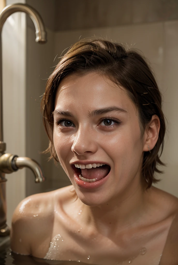 Lisa , in a school bathroom , , , looking at the camera , ,, , , , , from above , , , from the front, , on all fours, angry face , , , bukkake cum on her face