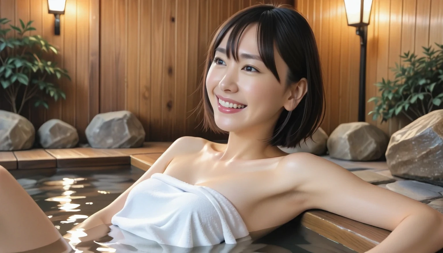 (((MHHS))), (((manami hashimoto in hot spring))), perfect anatomy, (1girl), Masterpiece:1.3, Best Quality:1.3, Ultra-realistic capture, Highly detailed, High resolution 16k, natural white skin, (((natural saggy big breast:0.5, 168cm tall))), Open-air public bath at a luxury inn, in kyoto, A beautiful Japanese lady bathes in a hot spring, not wearing a swimsuit but wrapping a bath towel around her body, (((naked towel:0.6))), skin glossy with sweat, and a warm smile. (((looking at viewer))), ((close up of face)), (((can see mountains)))