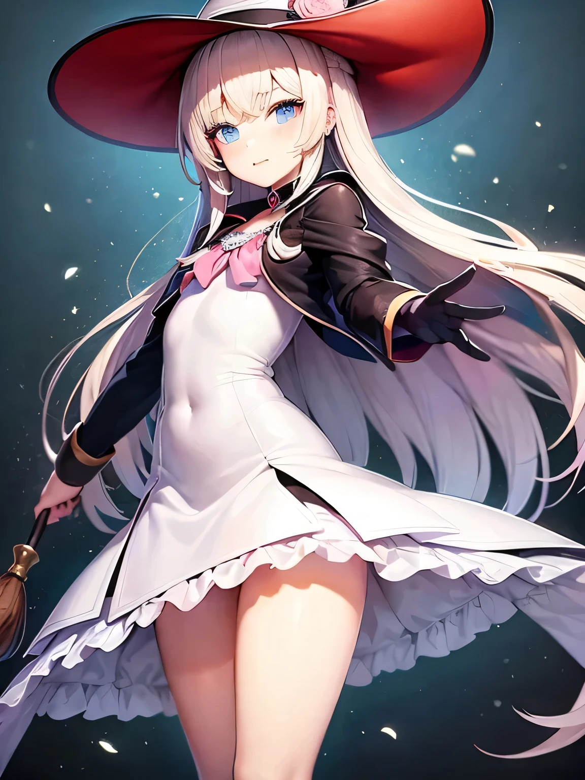 1girl, superhero, holding wand, witch academia, superhero sorceress witch, glamorous angewoman digimon, sky witch, by Aguri Uchida, maya ali as an ice mage, white tuxedo, leotard, solid white leotard with florescent blue accents, bare legs, white thigh-highs, winter boots, (white witch hat, white hair, long hair, bangs), green eyes, beautiful detailed eyes, beautiful detailed face, cute face, slightly large breasts, smile, one eye closed, looking at viewer, playful, flirty, age 16-18, solo, solo focus, wonder, full body portrait, cowboy shot